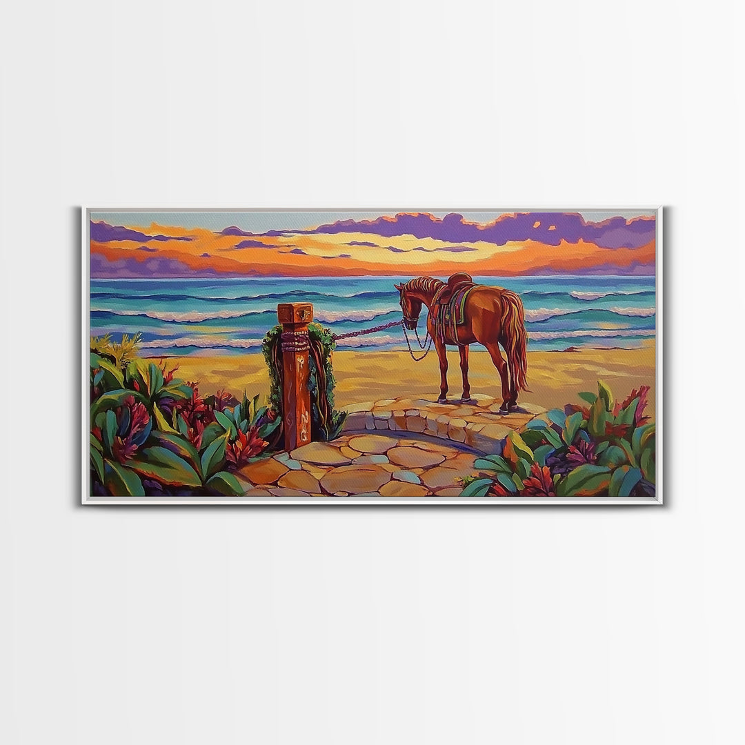 Horse Beach, Sunset, Western, Framed Canvas Print, Cowboy Art, Coastal Wall Decor, Rustic Boho Style, Entryway Statement Piece