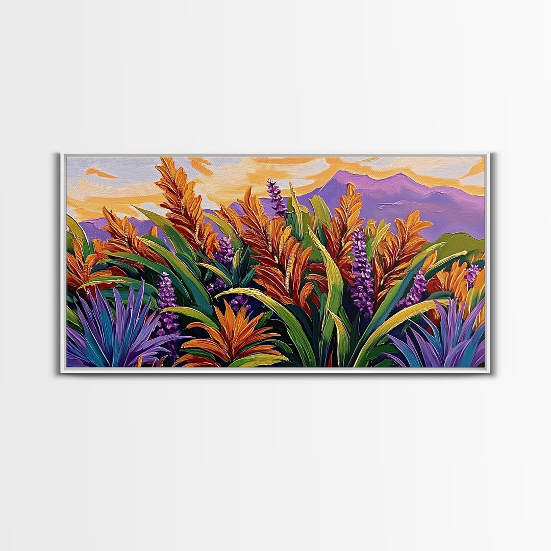Botanical Sunset, Mountain, Framed Canvas Print, Vibrant Flower Field Painting, Nature Boho Wall Art, Sunset Hallway Decor