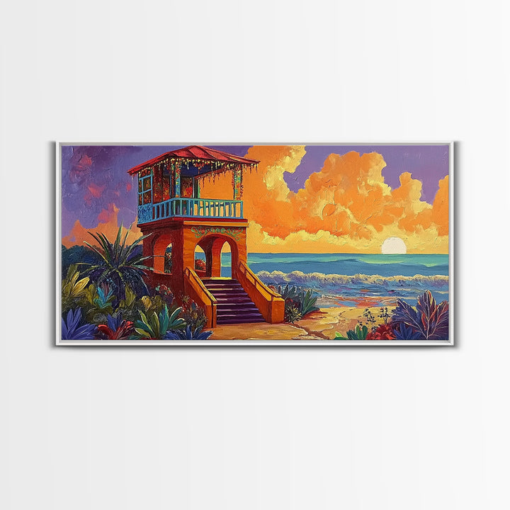 Beach Sunset, Tower, Tropical, Canvas Print, Coastal sunset art, boho beach house decor, vibrant tropical wall art, living room art