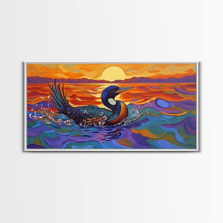 Sunset Loon, Splash, Painting, Framed Canvas Print lakehouse wall art, coastal bathroom decor, vibrant nature print, ocean artwork