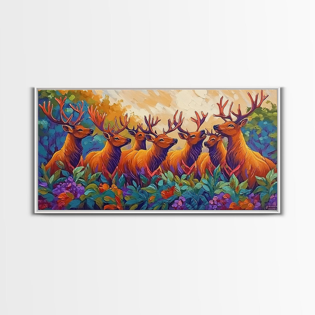 Deer Autumn, Forest, Scene, Framed Canvas Print wildlife cabin wall decor, vibrant Fall nature art, lodge living room print