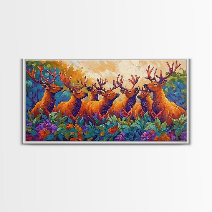 Deer Autumn, Forest, Scene, Framed Canvas Print wildlife cabin wall decor, vibrant Fall nature art, lodge living room print
