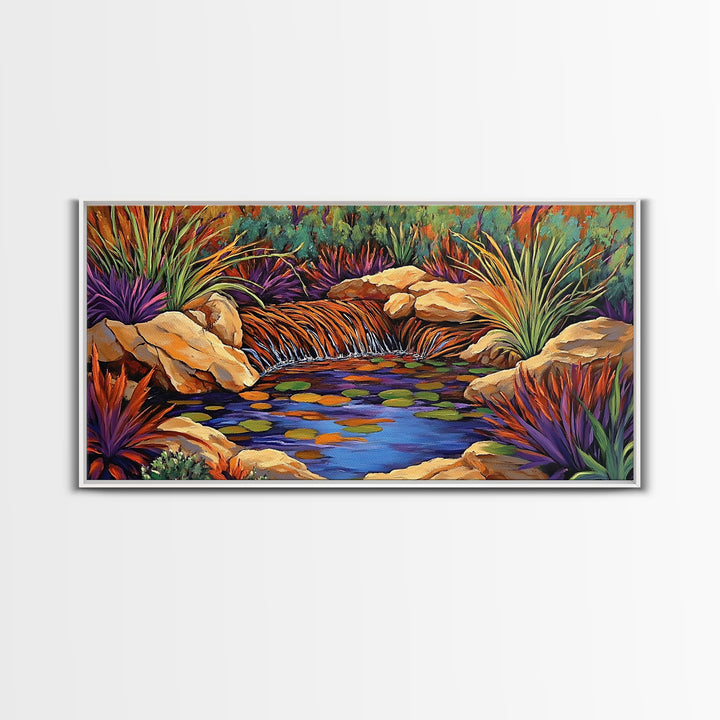 Desert Waterfall, Vibrant, Nature, Framed Canvas Print, desert oasis waterfall, Living Room Wall Art, colorful landscape painting