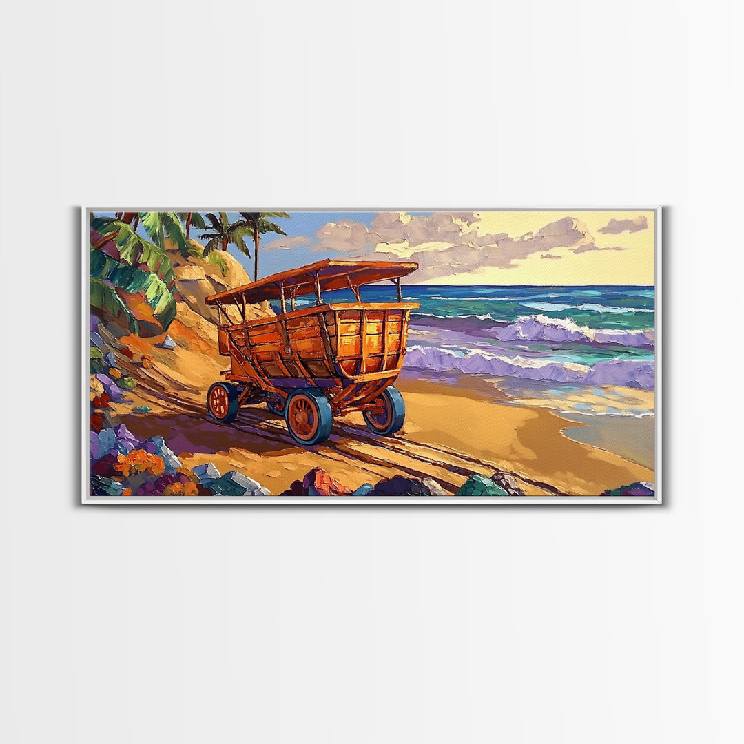 Coastal Cart, Tropical Beach, Ocean Shoreline, Framed Canvas Print, Rustic Wall Art, Coastal Living Room Decor, Summer Vibes Painting