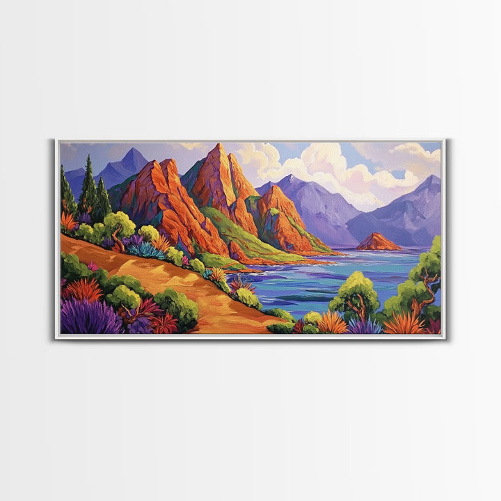 Coastal Cliffs, Tropical Shoreline, Sunset Mountains, Canvas Print, Boho Nature Wall Art, Office Decor, Landscape Painting