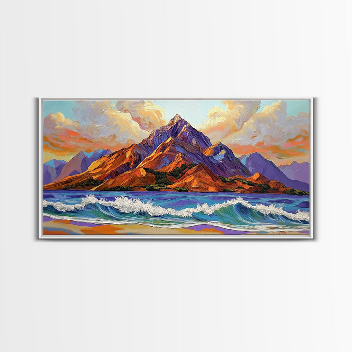 Ocean Peak, Island Sunrise, Vibrant Mountain, Framed Canvas Print, Bold Coastal Art, Beach House Wall Decor, Sunset Vibes