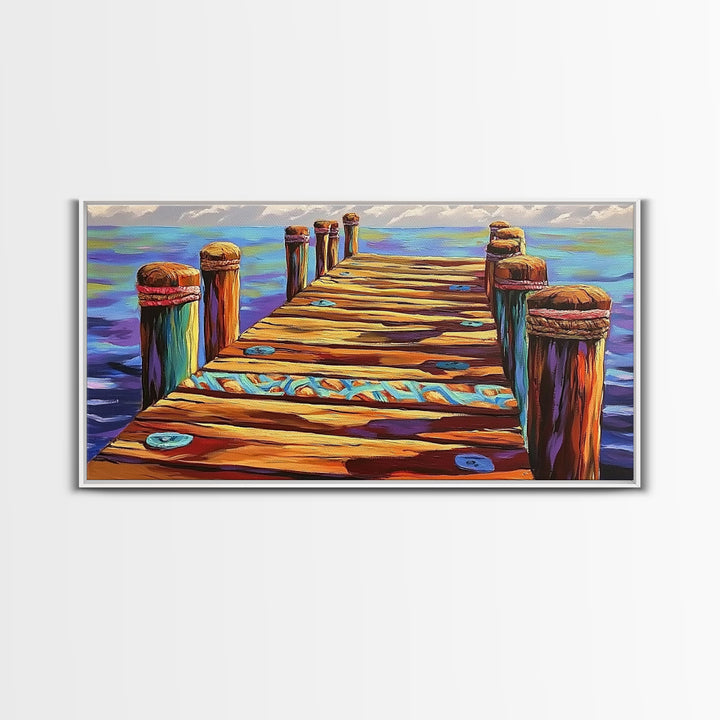 Dock View, Ocean, Coastal Path, Framed Canvas Print, Vibrant pier artwork ideal Beach House Wall Art or Nautical Entryway Decor