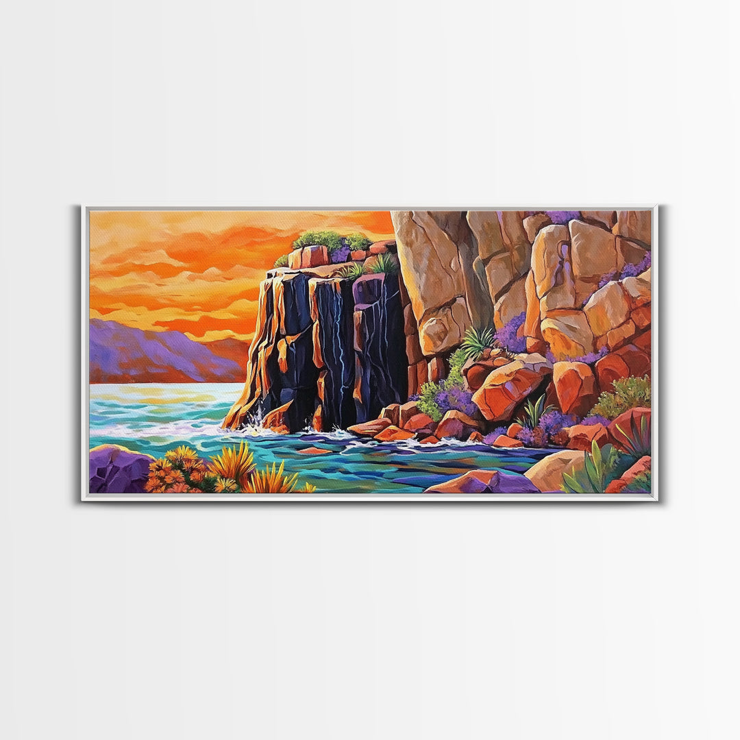 Desert Sunset, Cliffs, Nature, Framed Canvas Print, rocky cliffs and sea, Boho Living Room Wall Art, colorful sunset art, coastal vibes