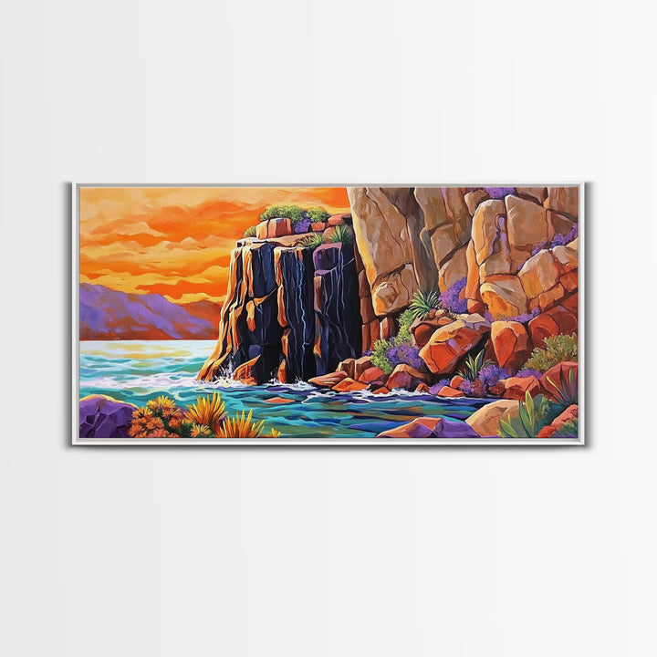 Desert Sunset, Cliffs, Nature, Framed Canvas Print, rocky cliffs and sea, Boho Living Room Wall Art, colorful sunset art, coastal vibes