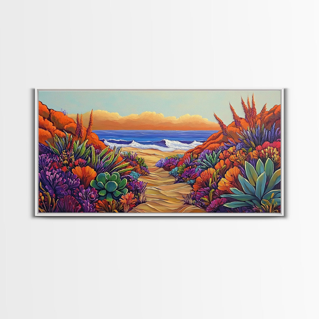 Beach Trail, Succulents, Ocean Path, Framed Canvas Print, Vibrant desert-to-ocean painting perfect Kitchen Wall Art or Boho Coastal Decor