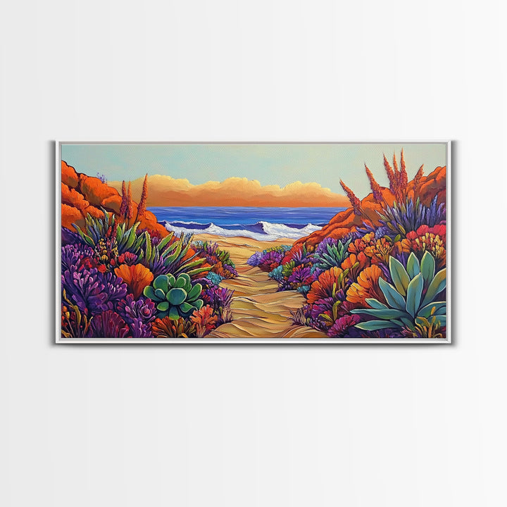 Beach Trail, Succulents, Ocean Path, Framed Canvas Print, Vibrant desert-to-ocean painting perfect Kitchen Wall Art or Boho Coastal Decor