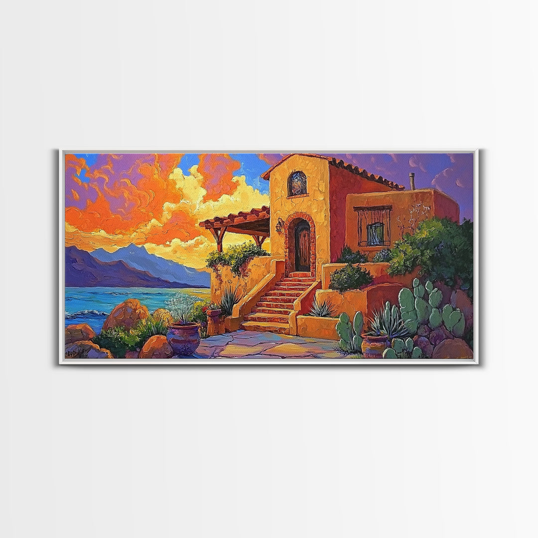 Desert Adobe, Sunset, Southwest, Framed Canvas Print, southwestern home art, rustic decor, living room wall art, fall adobe style