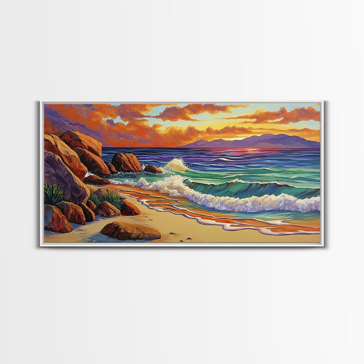 Coastal Sunset, Waves, Shore, Framed Canvas Print, ocean beach decor, seascape living room wall art, tropical boho coastal style