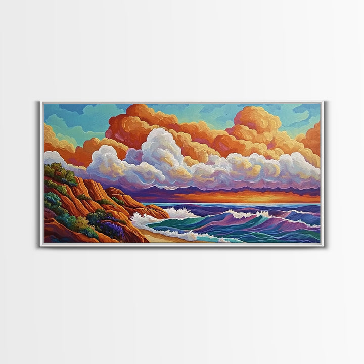 Clouds Ocean, Sunset, Dreamy, Framed Canvas Print, whimsical seascape, vibrant wave art, living room decor, beach wall art