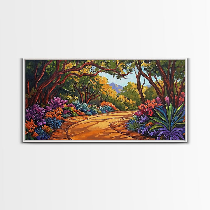 Nature Pathway, Garden, Trees, Framed Canvas Print, vibrant forest trail art, spring botanical decor, living room boho landscape