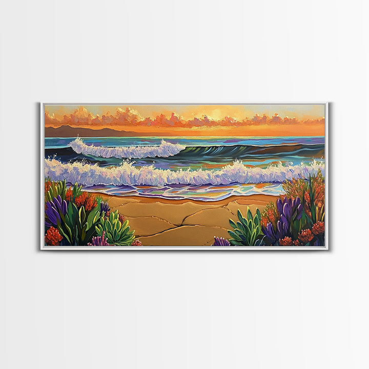 Ocean Sunset, Waves, Coastal, Canvas Print, ocean waves at sunset, Coastal Wall Art, vibrant seascape decor, beach house art