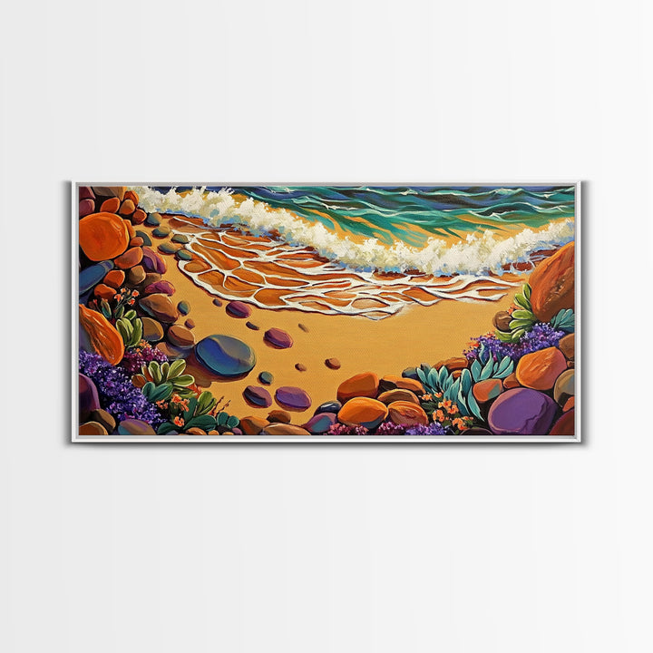 Coastal Shoreline, Footprints, Framed Canvas Print, Coastal beach waves and footprints art with colorful rocks, Bathroom Wall Art