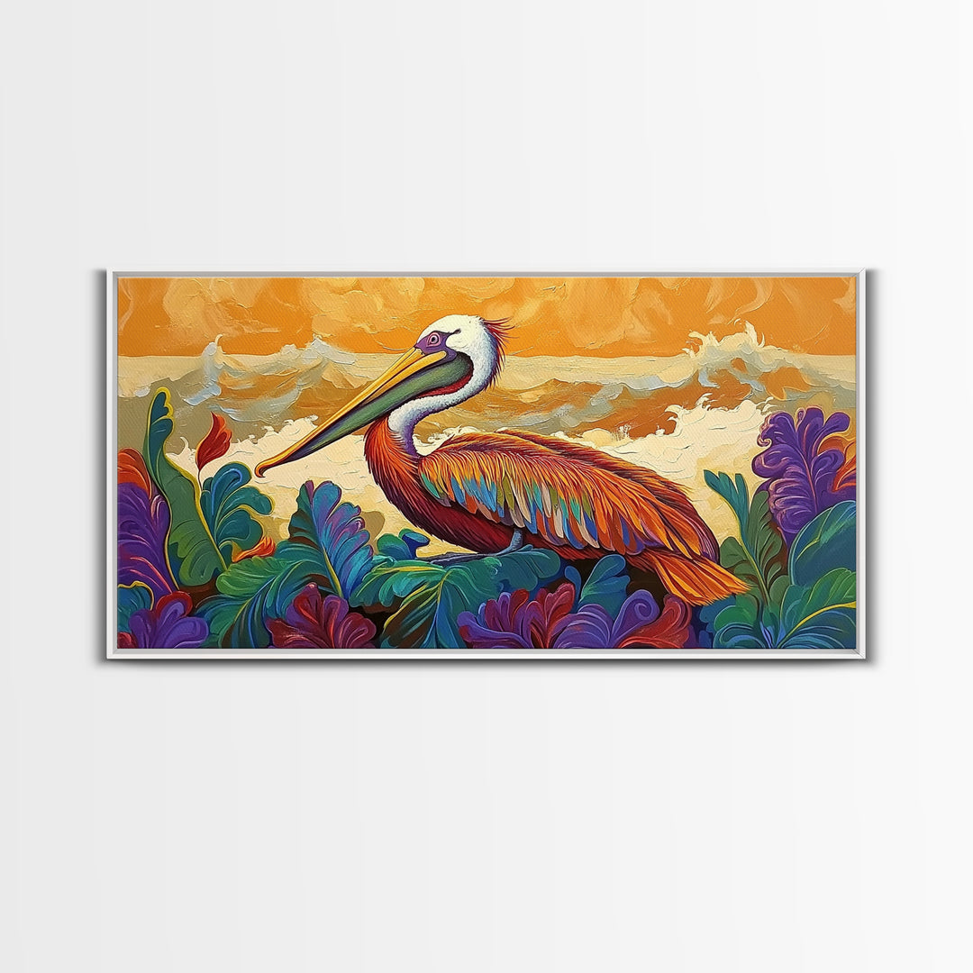 Pelican, Waves Tropical, Canvas Print, Bright tropical pelican artwork with ocean waves and foliage, great Bathroom Wall Art