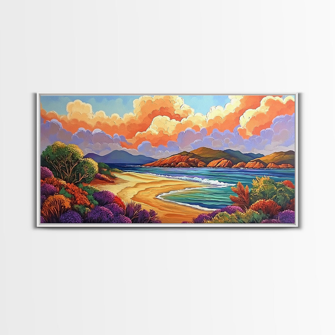 Beach Clouds, Coastal, Pastel, Framed Canvas Print soft tropical seascape painting, ocean view boho art, serene living room print