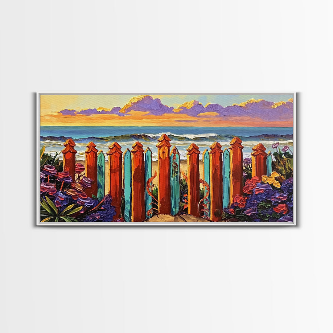 Ocean Fence, Flowers, Canvas Print, Coastal Wall Art, Beach House Decor, Nautical Art, Seaside Painting, Sunset Art, Vibrant Living Room