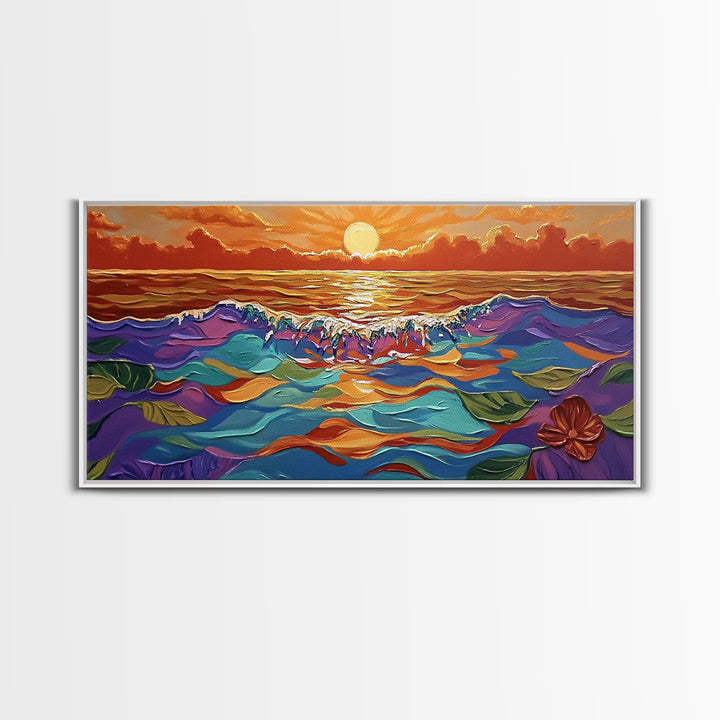 Ocean Sunset, Petals, Framed Canvas Print, Beachy Living Room Decor, Vibrant Seascape Art, Tropical Floral Painting, Boho Home Accent