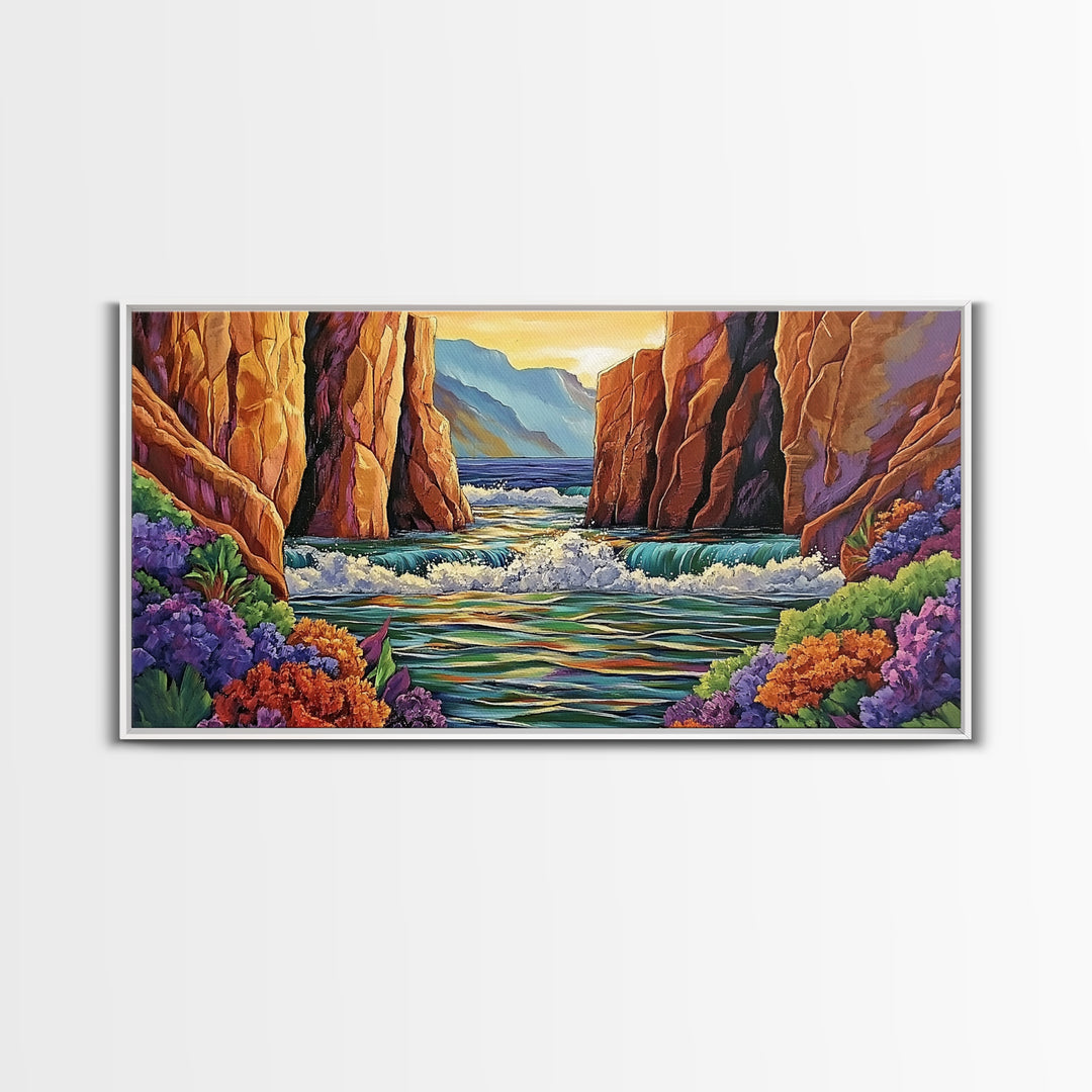 Canyon Cliffs, Ocean View, Sunset Water, Framed Canvas Print, Vibrant Landscape Wall Art, Office or Entryway Nature Decor