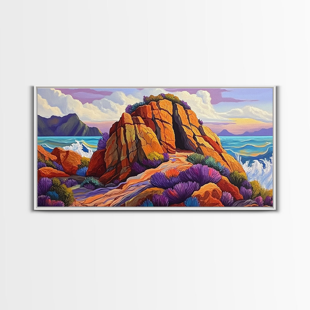 Ocean Cave, Rocky Coast, Lavender Brush, Framed Canvas Print, Bold Nature Wall Art, Vibrant Bedroom or Study Coastal Decor