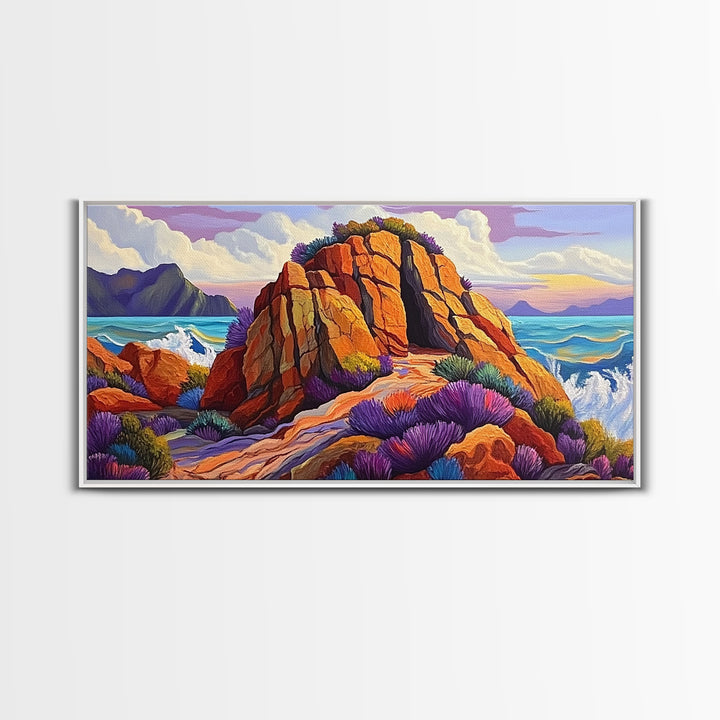 Ocean Cave, Rocky Coast, Lavender Brush, Framed Canvas Print, Bold Nature Wall Art, Vibrant Bedroom or Study Coastal Decor