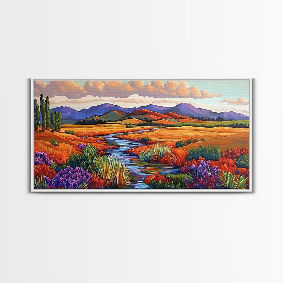 Autumn River, Golden Fields, Mountain View, Canvas Print, Fall Landscape Wall Art, Rustic Living Room Art, Seasonal Entryway Decor