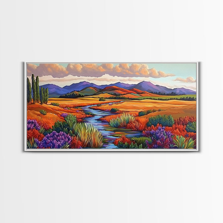 Autumn River, Golden Fields, Mountain View, Canvas Print, Fall Landscape Wall Art, Rustic Living Room Art, Seasonal Entryway Decor