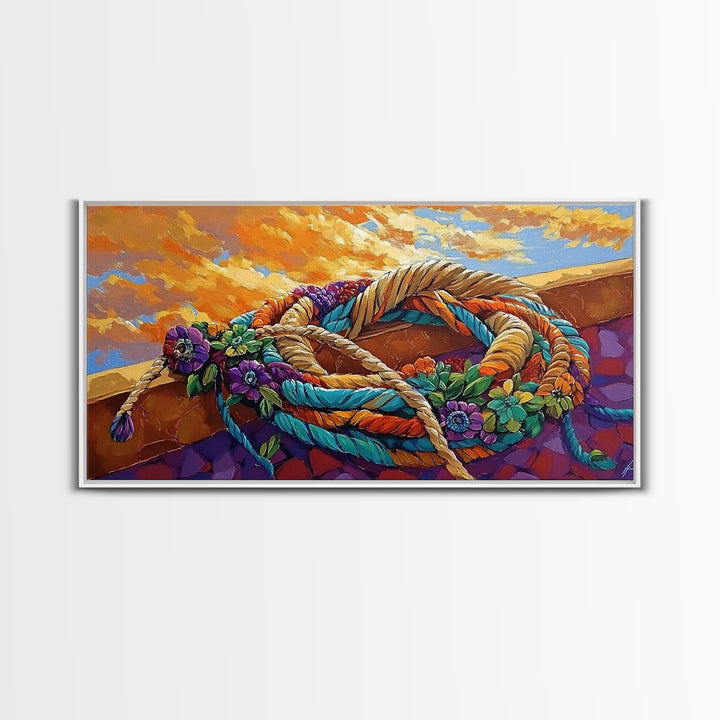 Desert Rope, Western Decor, Rustic Sunset, Framed Canvas Print, Southwestern Wall Art, Bold Kitchen or Ranch Style Office Decor