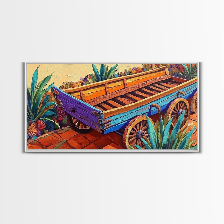 Painted Wagon, Rustic Charm, Color Pop, Framed Canvas Print, Western Farmhouse Wall Art, Vibrant Kitchen Print, Entryway Decor