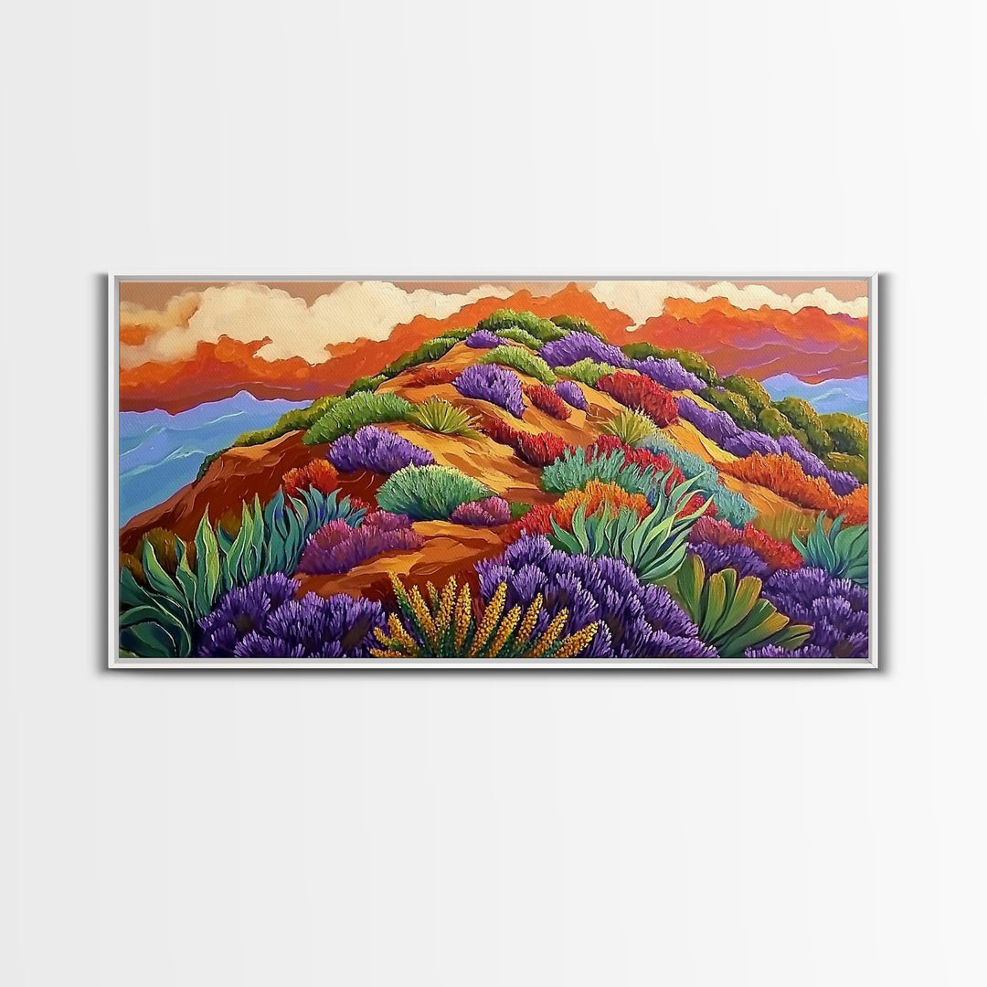 Wildflower Mountain, Sunrise, Hillside, Framed Canvas Print Bold desert landscape, colorful botanical art, boho Fall bedroom decor