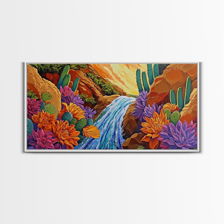 Cactus Canyon, Flowers, Waterfall, Framed Canvas Print Bright desert wall art, boho botanical painting, vibrant hallway home decor