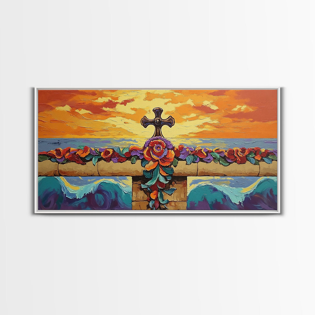 Cross Sunset, Flowers, Spiritual, Coastal Cross Sunset Framed Canvas Print, Christian Wall Art, Floral Beach Decor, Living Room Art