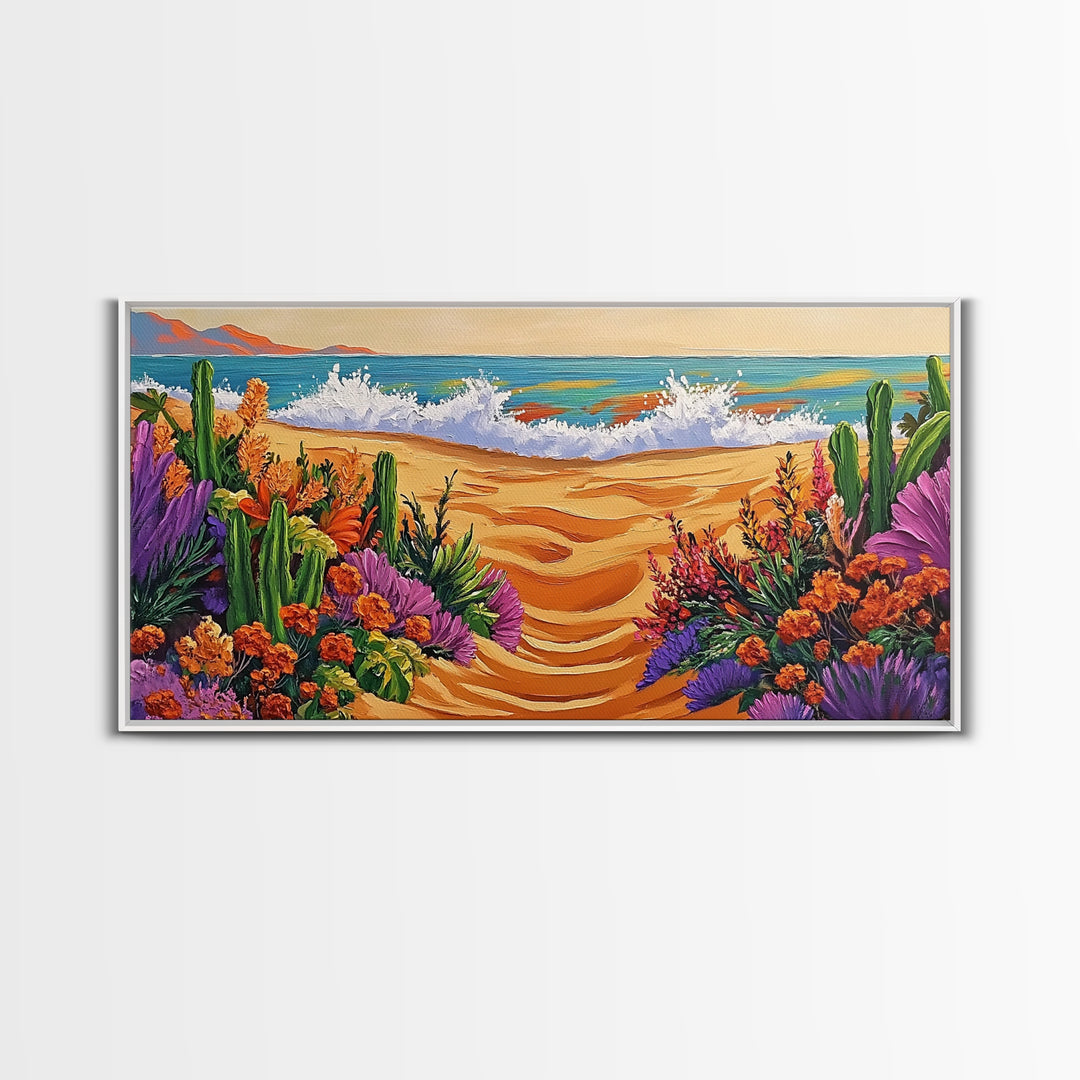 Beach Floral, Sunset, Cactus, Vibrant Desert Coastal Pathway Canvas Print, Entryway Wall Art, Boho Style Art, Tropical Beach Wall Decor