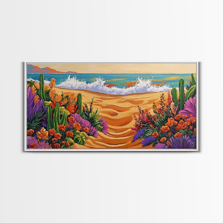 Beach Floral, Sunset, Cactus, Vibrant Desert Coastal Pathway Canvas Print, Entryway Wall Art, Boho Style Art, Tropical Beach Wall Decor