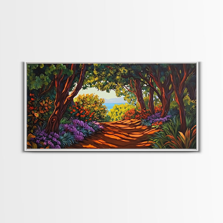 Trees Path, Ocean, Framed Canvas Print, Nature Trail Landscape Art, Peaceful Forest Wall Decor, Tranquil Boho Living Room Art