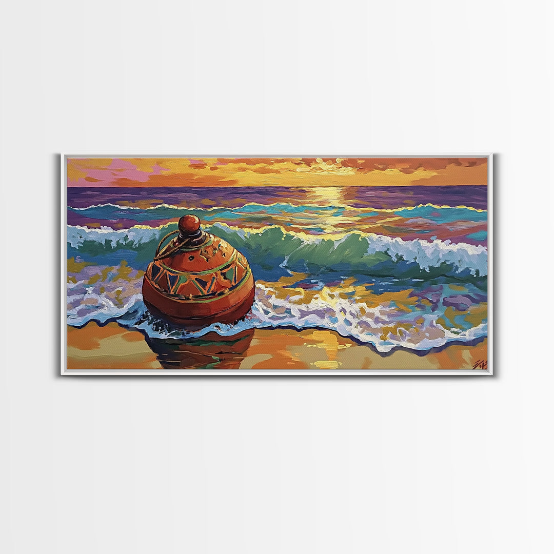 Buoy Shoreline, Sunset, Surf, Sunset Ocean Buoy Canvas Print, Coastal Wall Art, Nautical Theme Living Room, Bold Beach House Fall Decor