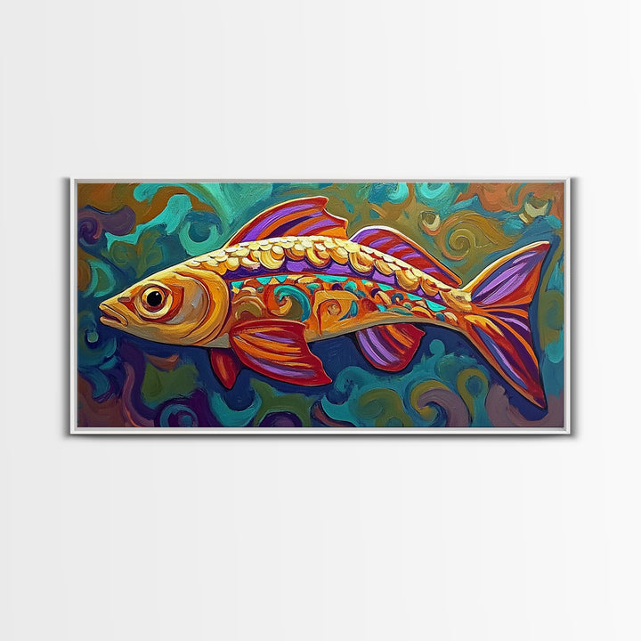 Colorful Fish, Wall, Art, Framed Canvas Print, Boho ocean wall decor, coastal bathroom wall art, whimsical undersea painting kitchen
