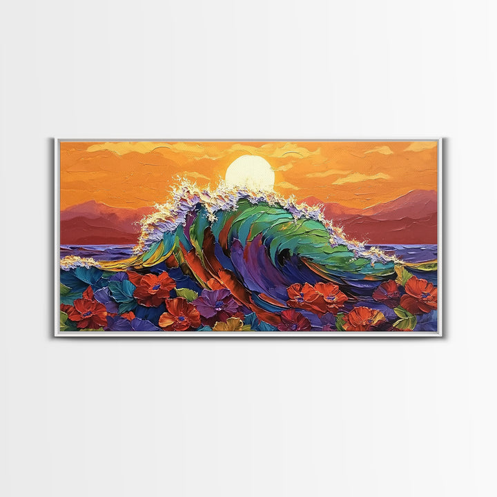 Sunset Wave, Floral, Ocean, Canvas Print, Tropical beach flower art, vibrant ocean wave decor, living room painting, sunset seascape