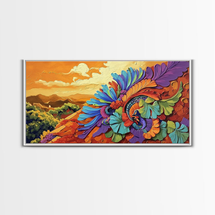 Colorful Feather, Design, Sunset, Framed Canvas Print, southwest wall art, abstract boho style, living room wall art, desert tones