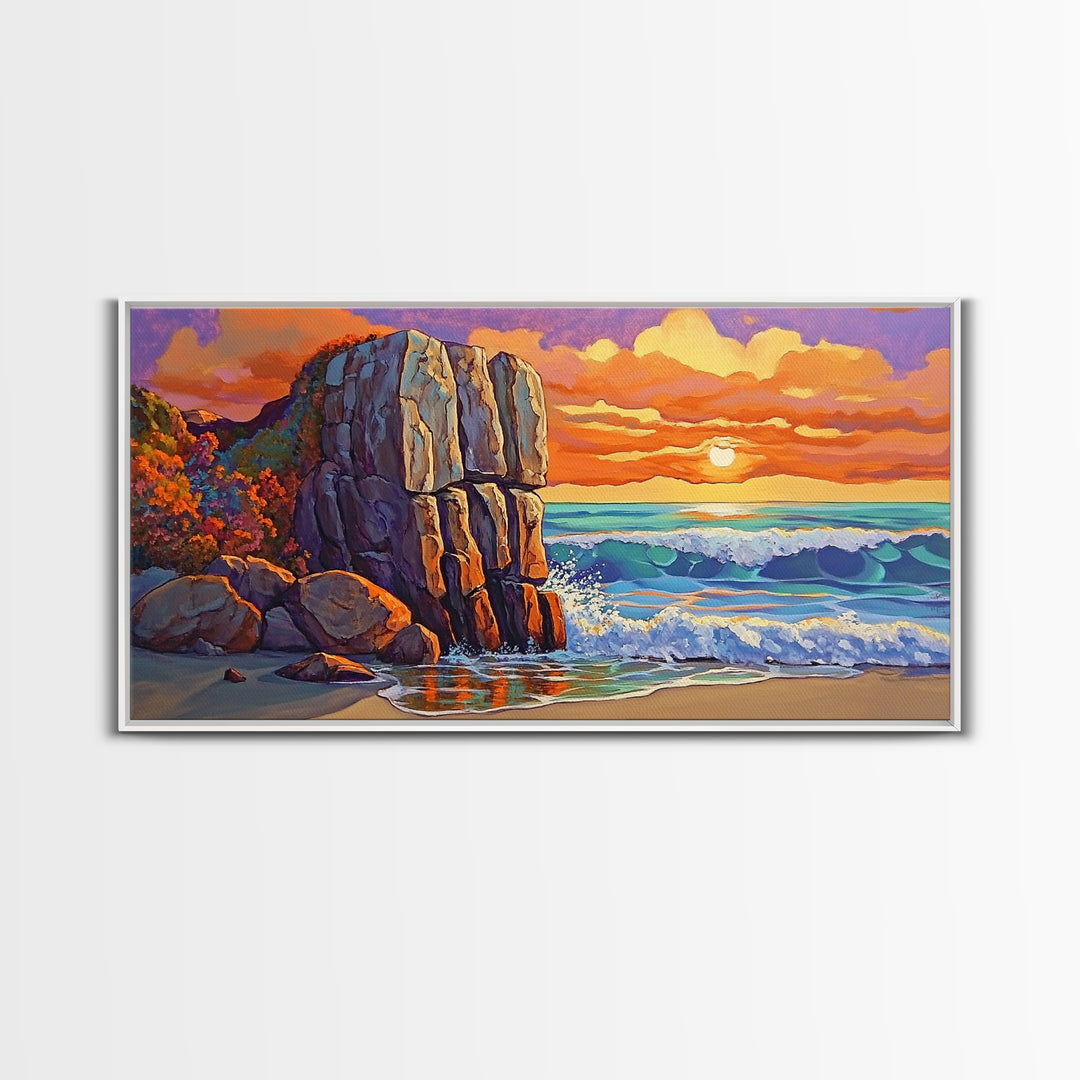 Rock Ocean, Sunset, Waves, Framed Canvas Print, coastal wall decor, bold shoreline art, living room beach style, nature theme