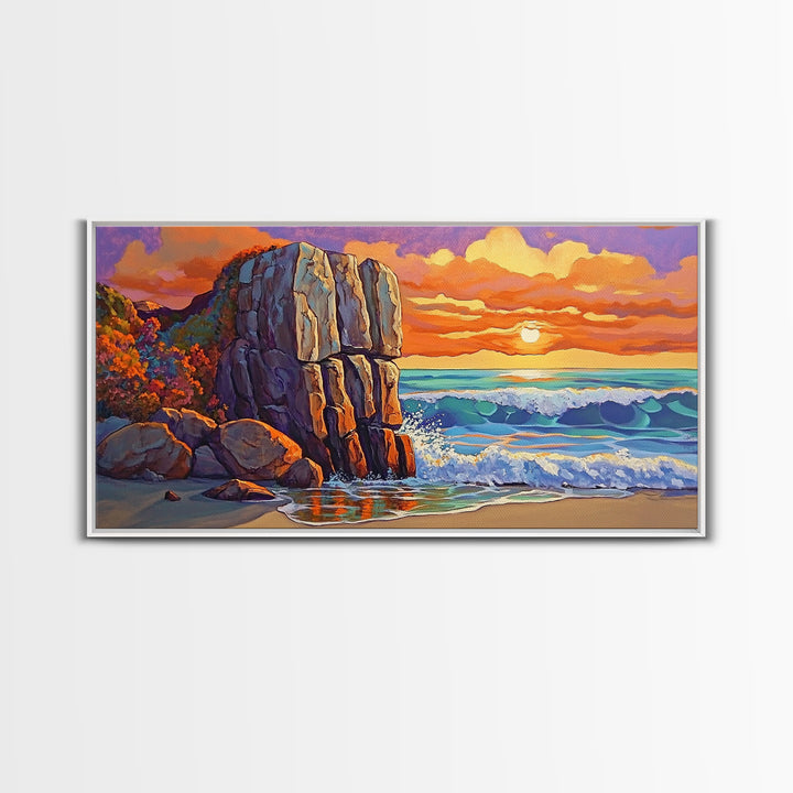 Rock Ocean, Sunset, Waves, Framed Canvas Print, coastal wall decor, bold shoreline art, living room beach style, nature theme