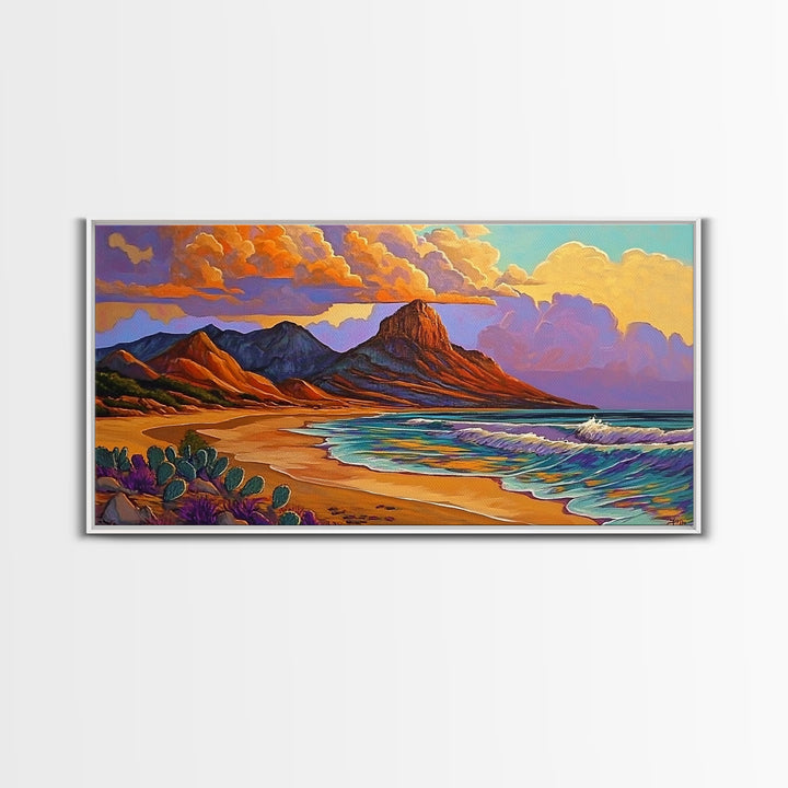 Mountain Desert, Beach, Sunset, Vibrant Desert Mountain Canvas Print, Colorful Southwest Wall Art, Living Room Fall Landscape