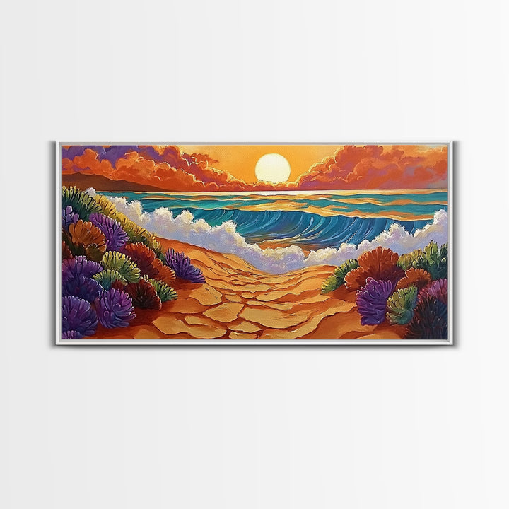 Beach Ocean, Sunrise, Coastal Path, Framed Canvas Print, Vibrant Seaside Art, Bathroom Wall Decor, Nature Landscape, Colorful Waves