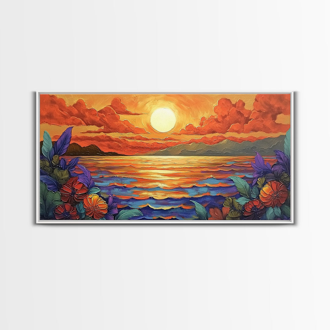 Flowers Sunset, Ocean View, Coastal Bloom, Framed Canvas Print, Vibrant Nature Art, Kitchen Wall Decor, Beach Garden Scene, Bold Colors