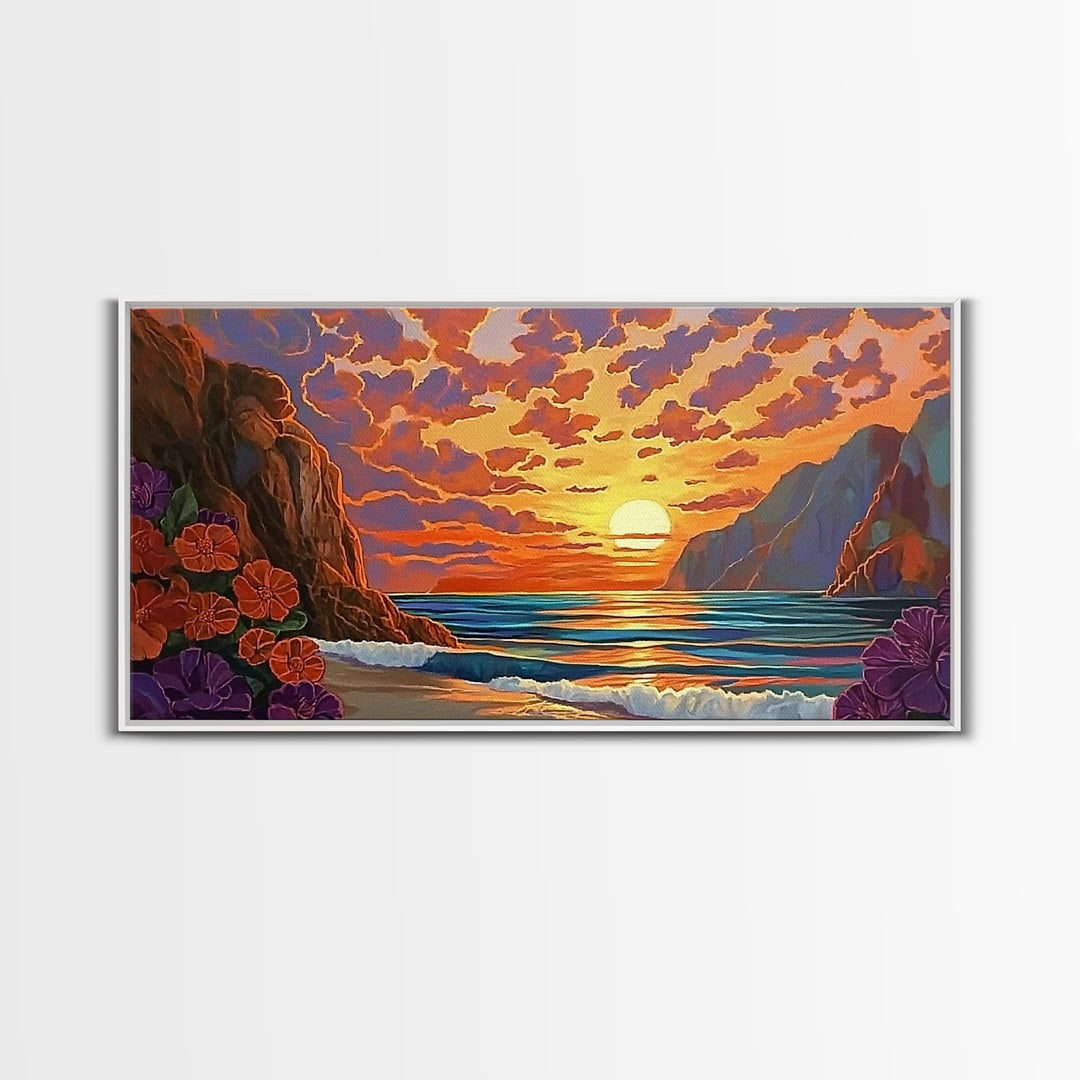 Beach Cliffs, Sunset, Vibrant Sky, Framed Canvas Print, Boho Coastal Art, Bedroom Wall Decor, Ocean View Painting, Tropical Landscape