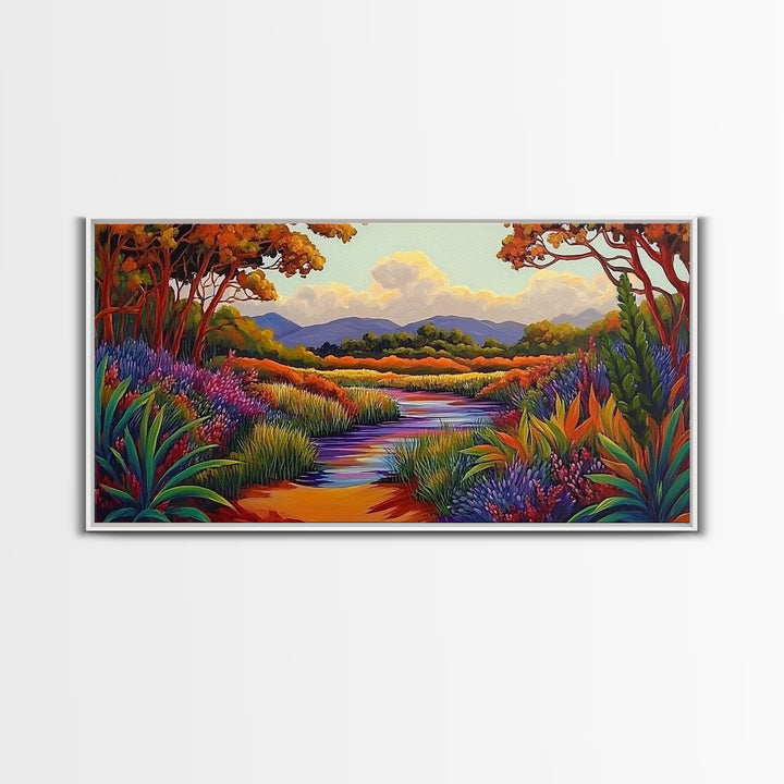 River Wildflowers, Autumn Trees, Mountain View, Framed Canvas Print, Fall Nature Art, Kitchen Wall Decor, Boho Landscape Painting
