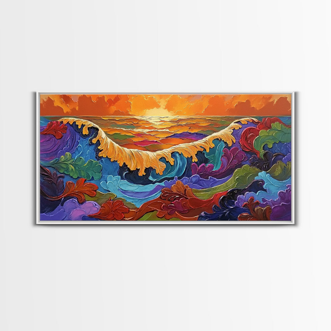 Ocean Abstract, Waves, Sunset, Framed Canvas Print, Surreal Coastal Art, Living Room Wall Decor, Fantasy Seascape, Boho Expressionist
